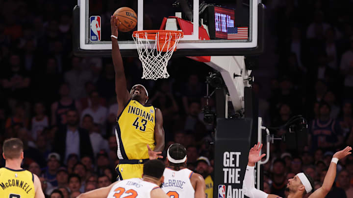 May 29, 2025; New York, New York, USA; Indiana Pacers forward Pascal Siakam (43) shoots against the Indiana Pacers in the fourth quarter during game five of the eastern conference finals for the 2025 NBA Playoffs at Madison Square Garden. Mandatory Credit: Vincent Carchietta-Imagn Images