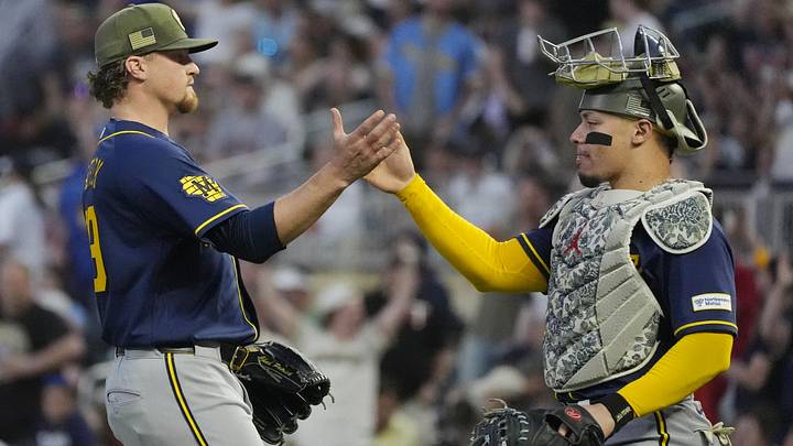 May 16, 2026; Minneapolis, Minnesota, USA; Milwaukee Brewers relief pitcher Chad Patrick (39) celebrates with catcher William Contreras (24) the win over the Minnesota Twins after the ninth inning at Target Field. Mandatory Credit: Bruce Kluckhohn-Imagn Images May 16, 2026; Minneapolis, Minnesota, USA; Milwaukee Brewers relief pitcher Chad Patrick (39) celebrates with catcher William Contreras (24) the win over the Minnesota Twins after the ninth inning at Target Field. Mandatory Credit: Bruce Kluckhohn-Imagn Images