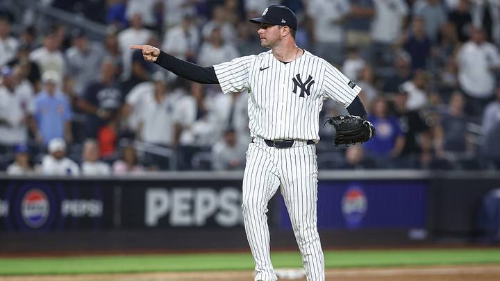 Jul 11, 2025; Bronx, New York, USA;  New York Yankees relief pitcher Scott Effross (57) at Yankee Stadium. Mandatory Credit: Wendell Cruz-Imagn Images