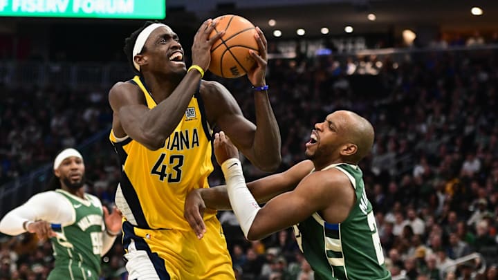Apr 21, 2024; Milwaukee, Wisconsin, USA; Indiana Pacers forward Pascal Siakam (43) takes a shot