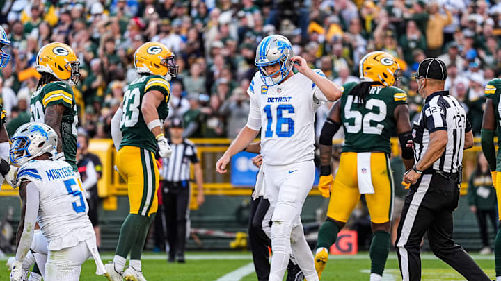 Detroit Lions quarterback Jared Goff walks off the field after a failed third-down conversion against the Green Bay Packers during the second half at Lambeau Field in Green Bay, Wis., on Sunday, September 7, 2025.