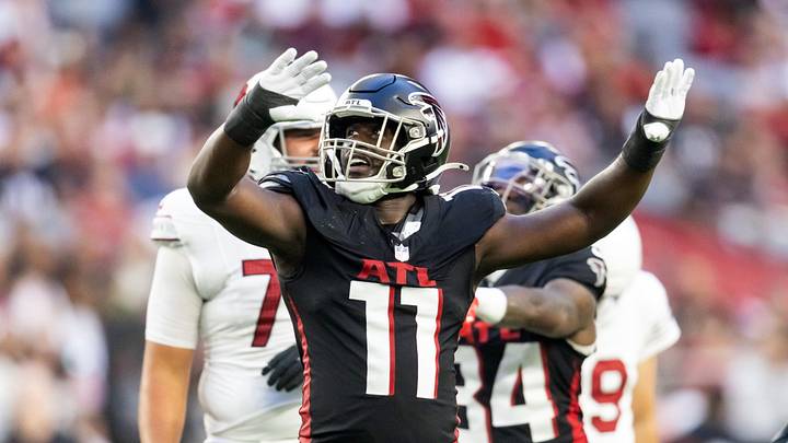Dec 21, 2025; Glendale, Arizona, USA; Atlanta Falcons linebacker Jalon Walker (11) against the Arizona Cardinals at State Farm Stadium. Mandatory Credit: Mark J. Rebilas-Imagn Images
