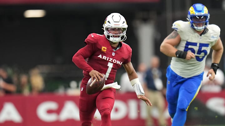 Arizona Cardinals quarterback Kyler Murray (1) scrambles past Los Angeles Rams defensive lineman Braden Fiske (55) on Sept. 15, 2024, at State Farm Stadium in Glendale. Arizona Cardinals quarterback Kyler Murray (1) scrambles past Los Angeles Rams defensive lineman Braden Fiske (55) on Sept. 15, 2024, at State Farm Stadium in Glendale.