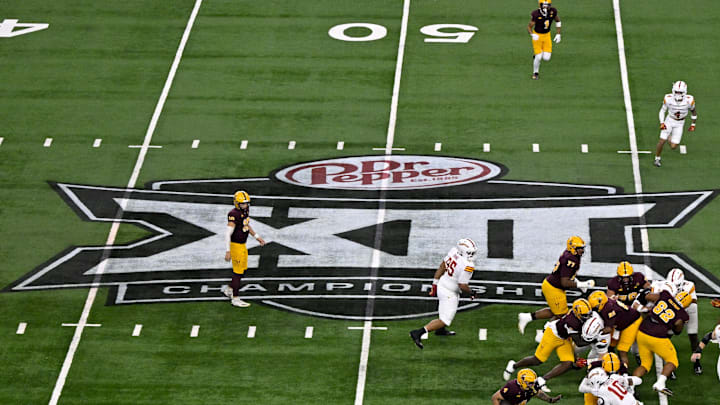 Dec 7, 2024; Arlington, TX, USA; A view of the Big 12 logo and stadium during the game between the Iowa State Cyclones and the Arizona State Sun Devils at AT&T Stadium. Mandatory Credit: Jerome Miron-Imagn Images