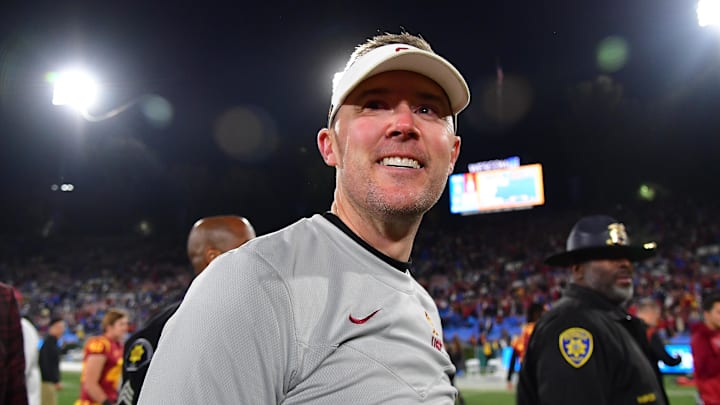 Nov 19, 2022; Pasadena, California, USA; Southern California Trojans head coach Lincoln Riley reacts following the victory against the UCLA Bruins at the Rose Bowl. Mandatory Credit: Gary A. Vasquez-Imagn Images
