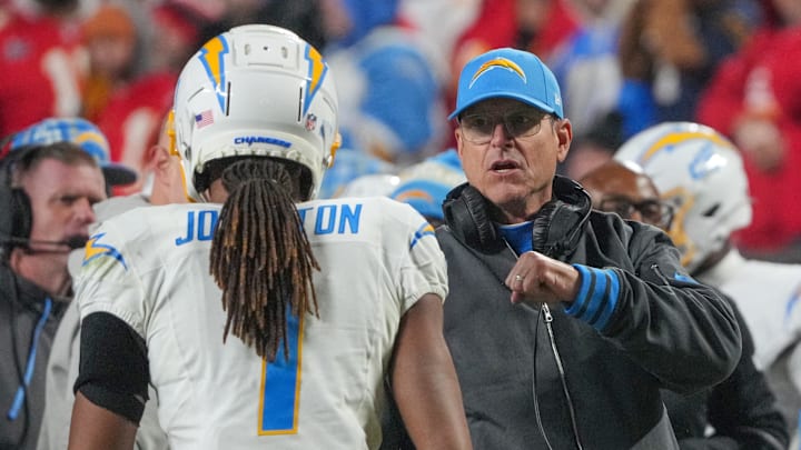 Chargers wide receiver Quentin Johnston (1) celebrates with head coach Jim Harbaugh after a TD in 2024. Chargers wide receiver Quentin Johnston (1) celebrates with head coach Jim Harbaugh after a TD in 2024.