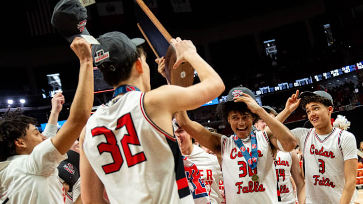 Cedar Falls wins the Iowa Class 4A state boys basketball championship over Johnston on March 13, 2026, at Casey’s Center in Des Moines.