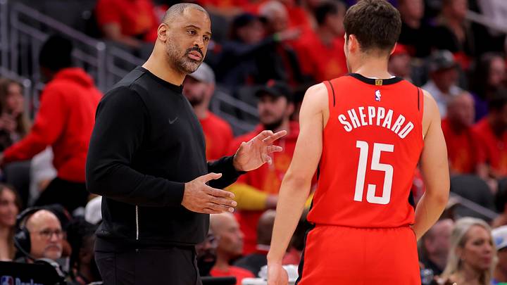 May 1, 2026; Houston, Texas, USA; Houston Rockets head coach Ime Udoka talks with Houston Rockets guard Reed Sheppard (15) during the third quarter of game six of the first round of the 2026 NBA Playoffs against the Los Angeles Lakers at Toyota Center. Mandatory Credit: Erik Williams-Imagn Images