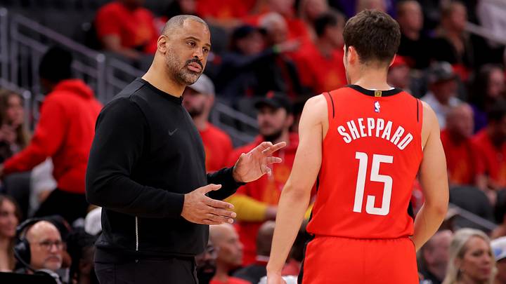 May 1, 2026; Houston, Texas, USA; Houston Rockets head coach Ime Udoka talks with Houston Rockets guard Reed Sheppard (15) during the third quarter of game six of the first round of the 2026 NBA Playoffs against the Los Angeles Lakers at Toyota Center. Mandatory Credit: Erik Williams-Imagn Images May 1, 2026; Houston, Texas, USA; Houston Rockets head coach Ime Udoka talks with Houston Rockets guard Reed Sheppard (15) during the third quarter of game six of the first round of the 2026 NBA Playoffs against the Los Angeles Lakers at Toyota Center. Mandatory Credit: Erik Williams-Imagn Images