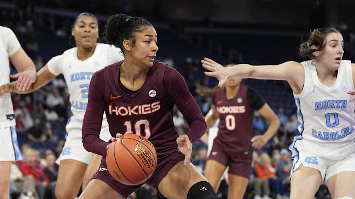 Mar 6, 2026; Duluth, Ga.; Virginia Tech forward Carys Baker (10) dribbles against North Carolina. Mar 6, 2026; Duluth, Ga.; Virginia Tech forward Carys Baker (10) dribbles against North Carolina.