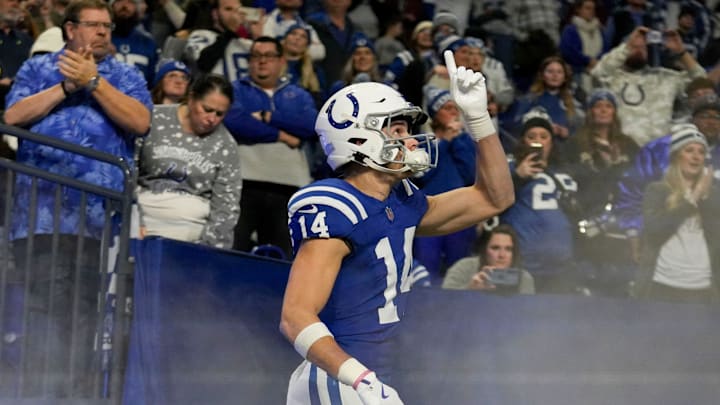 Indianapolis Colts wide receiver Alec Pierce (14) takes the field Sunday, Jan. 5, 2025, before a game against the Jacksonville Jaguars at Lucas Oil Stadium in Indianapolis.