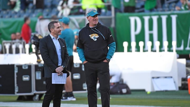 Nov 3, 2024; Philadelphia, Pennsylvania, USA; Philadelphia Eagles general manager Howie Roseman and Jacksonville Jaguars head coach Doug Pederson on the field at Lincoln Financial Field. Mandatory Credit: Eric Hartline-Imagn Images
