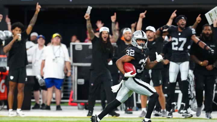 Aug 23, 2024; Paradise, Nevada, USA; Las Vegas Raiders wide receiver Tyreik McAllister (32) returns a San Francisco punt for a touchdown during the second quarter at Allegiant Stadium. Mandatory Credit: Stephen R. Sylvanie-USA TODAY Sports Aug 23, 2024; Paradise, Nevada, USA; Las Vegas Raiders wide receiver Tyreik McAllister (32) returns a San Francisco punt for a touchdown during the second quarter at Allegiant Stadium. Mandatory Credit: Stephen R. Sylvanie-USA TODAY Sports