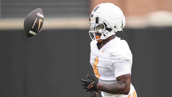Tennessee wide receiver Mike Matthews (4) during Tennessee football preseason practice, in Knoxville, Tennessee, July 31, 2025. Tennessee wide receiver Mike Matthews (4) during Tennessee football preseason practice, in Knoxville, Tennessee, July 31, 2025.