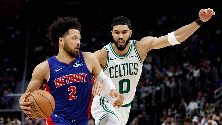 Feb 26, 2025; Detroit, Michigan, USA; Detroit Pistons guard Cade Cunningham (2) dribbles on Boston Celtics forward Jayson Tatum (0) in the second half at Little Caesars Arena. Mandatory Credit: Rick Osentoski-Imagn Images Feb 26, 2025; Detroit, Michigan, USA; Detroit Pistons guard Cade Cunningham (2) dribbles on Boston Celtics forward Jayson Tatum (0) in the second half at Little Caesars Arena. Mandatory Credit: Rick Osentoski-Imagn Images