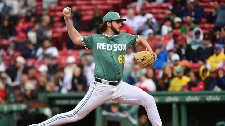 May 24, 2025; Boston, Massachusetts, USA; Boston Red Sox relief pitcher Justin Slaten (63) pitches during the eighth inning against the Baltimore Orioles at Fenway Park. Mandatory Credit: Bob DeChiara-Imagn Images