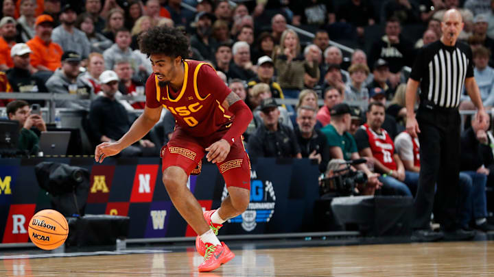 USC Trojans forward Saint Thomas (0) watches as the ball goes back for a backcourt violation Thursday, March 13, 2025, during the Big Ten Men’s Basketball Tournament game against the Purdue Boilermakers at Gainbridge Fieldhouse in Indianapolis. Purdue Boilermakers won 76-71. USC Trojans forward Saint Thomas (0) watches as the ball goes back for a backcourt violation Thursday, March 13, 2025, during the Big Ten Men’s Basketball Tournament game against the Purdue Boilermakers at Gainbridge Fieldhouse in Indianapolis. Purdue Boilermakers won 76-71.