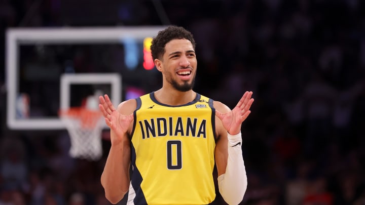 May 19, 2024; New York, New York, USA; Indiana Pacers guard Tyrese Haliburton (0) reacts during the fourth quarter of game seven of the second round of the 2024 NBA playoffs against the New York Knicks at Madison Square Garden. Mandatory Credit: Brad Penner-USA TODAY Sports