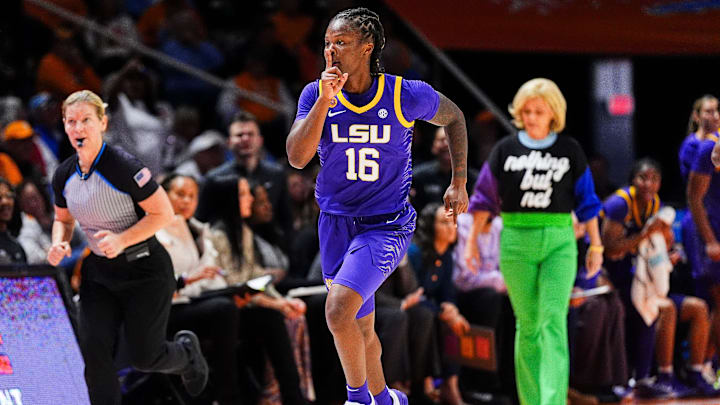 LSU guard Kailyn Gilbert (16) shushes the Tennessee crowd after hitting a three-pointer during a women's college basketball game between the Lady Vols and LSU at Thompson-Boling Arena at Food City Center on Thursday, Jan. 9, 2025. LSU guard Kailyn Gilbert (16) shushes the Tennessee crowd after hitting a three-pointer during a women's college basketball game between the Lady Vols and LSU at Thompson-Boling Arena at Food City Center on Thursday, Jan. 9, 2025.