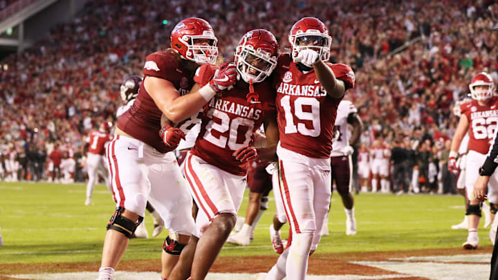 Nov 6, 2021; Fayetteville, Arkansas, USA; Arkansas Razorbacks running back Dominique Johnson (20)