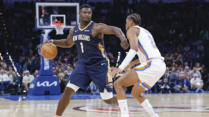 Nov 1, 2023; Oklahoma City, Oklahoma, USA; New Orleans Pelicans forward Zion Williamson (1) drives