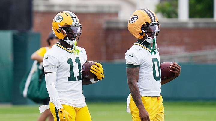 Green Bay Packers wide receiver Jayden Reed (11) and Green Bay Packers wide receiver Matthew Golden (0) run drills during the first day of a three-day minicamp at the Don Hutson Center in Ashwaubenon, Wisconsin on Tuesday, June 9, 2026.