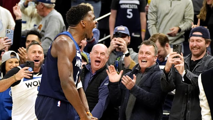 Jan 6, 2025; Minneapolis, Minnesota, USA; Minnesota Timberwolves guard Anthony Edwards (5) celebrates his three-point basket against the Los Angeles Clippers late in the fourth quarter at Target Center. Mandatory Credit: Bruce Kluckhohn-Imagn Images Jan 6, 2025; Minneapolis, Minnesota, USA; Minnesota Timberwolves guard Anthony Edwards (5) celebrates his three-point basket against the Los Angeles Clippers late in the fourth quarter at Target Center. Mandatory Credit: Bruce Kluckhohn-Imagn Images