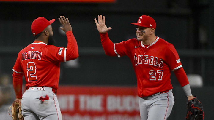 Apr 1, 2025; St. Louis, Missouri, USA; Los Angeles Angels right fielder Mike Trout (27) celebrates with second baseman Luis Rengifo (2) after the Angels defeated the St. Louis Cardinals in 11 innings at Busch Stadium. Mandatory Credit: Jeff Curry-Imagn Images Apr 1, 2025; St. Louis, Missouri, USA; Los Angeles Angels right fielder Mike Trout (27) celebrates with second baseman Luis Rengifo (2) after the Angels defeated the St. Louis Cardinals in 11 innings at Busch Stadium. Mandatory Credit: Jeff Curry-Imagn Images