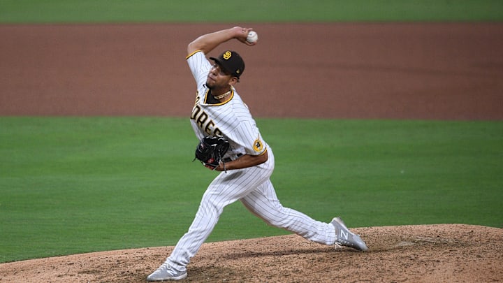 Aug 20, 2020; San Diego, California, USA; San Diego Padres relief pitcher Luis Patino (62) pitches during the eighth inning against the Texas Rangers at Petco Park. Mandatory Credit: Orlando Ramirez-Imagn Images
