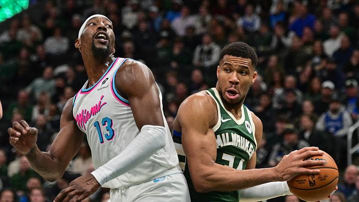 Jan 23, 2025; Milwaukee, Wisconsin, USA; Milwaukee Bucks forward Giannis Antetokounmpo (34) looks for a shot against Miami Heat center Bam Adebayo (13) in the second quarter at Fiserv Forum. Mandatory Credit: Benny Sieu-Imagn Images Jan 23, 2025; Milwaukee, Wisconsin, USA; Milwaukee Bucks forward Giannis Antetokounmpo (34) looks for a shot against Miami Heat center Bam Adebayo (13) in the second quarter at Fiserv Forum. Mandatory Credit: Benny Sieu-Imagn Images