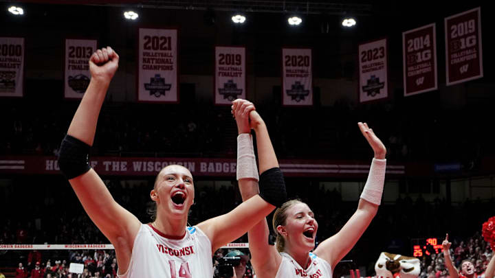 Wisconsin's Anna Smrek and Sarah Franklin celebrate after knocking off Georgia Tech Friday in the NCAA Tournament. Wisconsin's Anna Smrek and Sarah Franklin celebrate after knocking off Georgia Tech Friday in the NCAA Tournament.