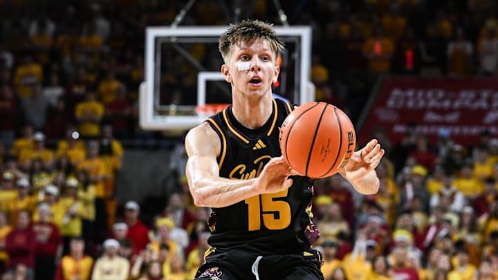 Mar 7, 2026; Ames, Iowa, USA; Arizona State Sun Devils guard Noah Meeusen (15) controls the ball against the Iowa State Cyclones during the second half at James H. Hilton Coliseum. Mandatory Credit: Jeffrey Becker-Imagn Images