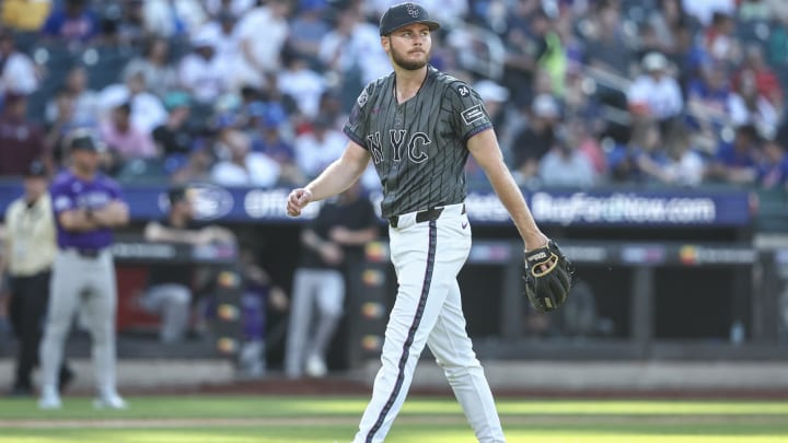 Jul 13, 2024; New York City, New York, USA; New York Mets starting pitcher Christian Scott (45) is taken out of the game in the fifth inning against the Colorado Rockies at Citi Field. Mandatory Credit: Wendell Cruz-USA TODAY Sports Jul 13, 2024; New York City, New York, USA; New York Mets starting pitcher Christian Scott (45) is taken out of the game in the fifth inning against the Colorado Rockies at Citi Field. Mandatory Credit: Wendell Cruz-USA TODAY Sports