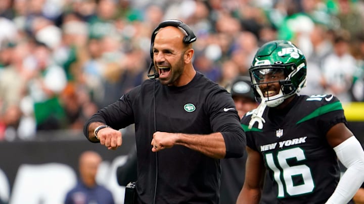 New York Jets head coach Robert Saleh reacts after a touchdown late in the fourth quarter puts the Jets over the Cincinnati Bengals. The Jets defeat the Bengals, 34-31, at MetLife Stadium on Sunday, Oct. 31, 2021, in East Rutherford.
Nyj Vs Cin New York Jets head coach Robert Saleh reacts after a touchdown late in the fourth quarter puts the Jets over the Cincinnati Bengals. The Jets defeat the Bengals, 34-31, at MetLife Stadium on Sunday, Oct. 31, 2021, in East Rutherford.
Nyj Vs Cin