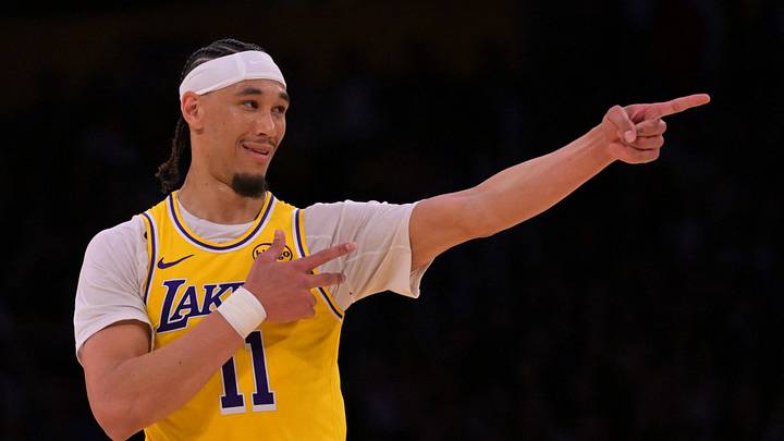 Mar 30, 2026; Los Angeles, California, USA; Los Angeles Lakers center Jaxson Hayes (11) reacts after a three-point basket in the second half against the Washington Wizards at Crypto.com Arena. Mandatory Credit: Jayne Kamin-Oncea-Imagn Images