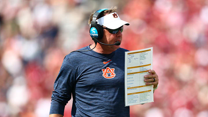 Sep 20, 2025; Norman, Oklahoma, USA;  Auburn Tigers head coach Hugh Freeze during the first half against the Oklahoma Sooners at Gaylord Family-Oklahoma Memorial Stadium. Mandatory Credit: Kevin Jairaj-Imagn Images