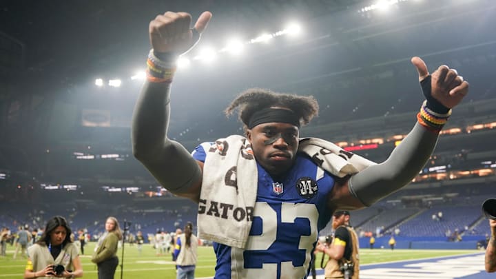 Indianapolis Colts cornerback Kenny Moore II (23) celebrates after the game 