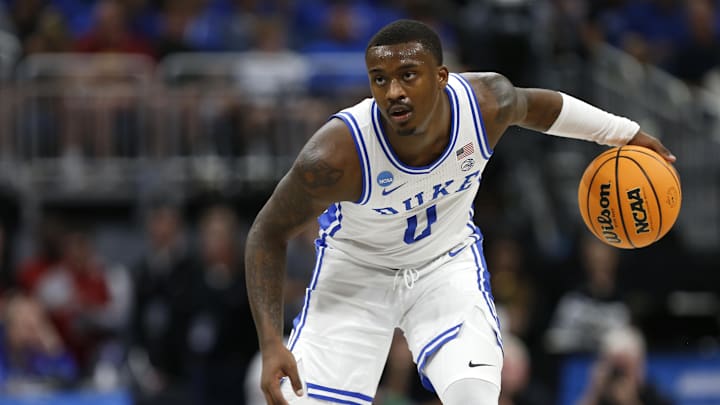 Mar 16, 2023; Orlando, FL, USA; Duke Blue Devils forward Dariq Whitehead (0) dribbles the ball during the second half against the Oral Roberts Golden Eagles at Amway Center. Mandatory Credit: Russell Lansford-Imagn Images