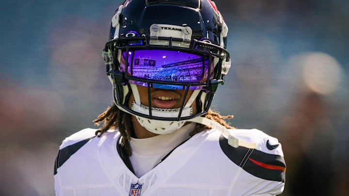 Dec 1, 2024; Jacksonville, Florida, USA;  Houston Texans cornerback Derek Stingley Jr. (24) warms up before the game agains the Jacksonville Jaguars at EverBank Stadium. Mandatory Credit: Jeremy Reper-Imagn Images