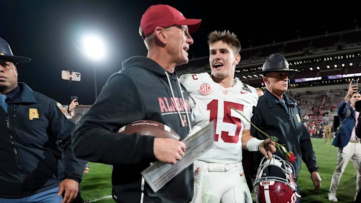 Alabama Crimson Tide quarterback Ty Simpson (15) and coach Kalen DeBoer walk off the field after first-round College Football Playoff game between the University of Oklahoma Sooners (OU) and the Alabama Crimson Tide at Gaylord Family – Oklahoma Memorial Stadium in Norman, Okla., Friday, Dec. 19, 2025. Alabama won 34-24. Alabama Crimson Tide quarterback Ty Simpson (15) and coach Kalen DeBoer walk off the field after first-round College Football Playoff game between the University of Oklahoma Sooners (OU) and the Alabama Crimson Tide at Gaylord Family – Oklahoma Memorial Stadium in Norman, Okla., Friday, Dec. 19, 2025. Alabama won 34-24.