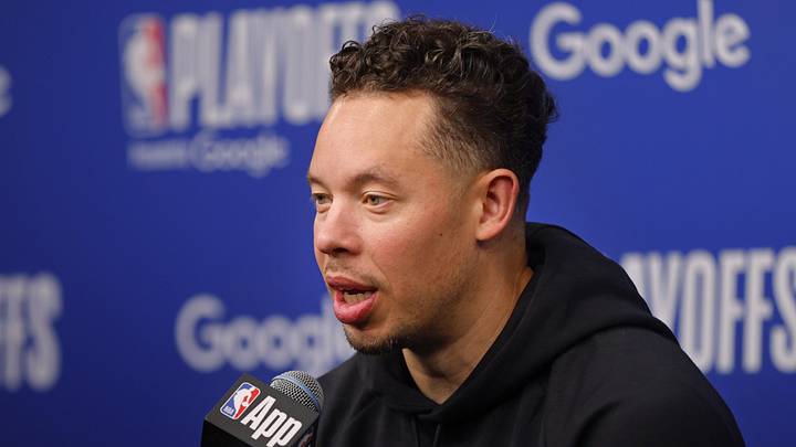 May 10, 2026; Minneapolis, Minnesota, USA; San Antonio Spurs head coach Mitch Johnson speaks to the media before game four of the second round of the 2026 NBA Playoffs against the Minnesota Timberwolves at Target Center. Mandatory Credit: Bruce Kluckhohn-Imagn Images
