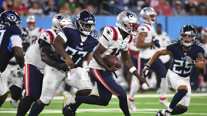 Aug 25, 2023; Nashville, Tennessee, USA; New England Patriots quarterback Malik Cunningham (16) runs
