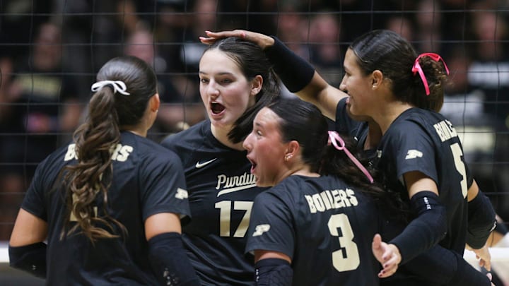 Purdue celebrates after scoring during the volleyball match against Indiana at Mackey Arena in West Lafayette, Ind. Purdue celebrates after scoring during the volleyball match against Indiana at Mackey Arena in West Lafayette, Ind.