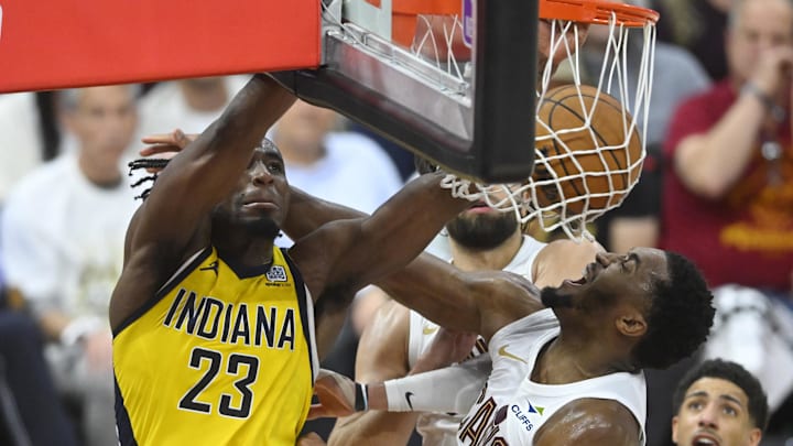 May 6, 2025; Cleveland, Ohio, USA; Indiana Pacers forward Aaron Nesmith (23) dunks beside Cleveland Cavaliers guard Donovan Mitchell (45) in the fourth quarter during game two of the second round of the 2025 NBA Playoffs at Rocket Arena. Mandatory Credit: David Richard-Imagn Images May 6, 2025; Cleveland, Ohio, USA; Indiana Pacers forward Aaron Nesmith (23) dunks beside Cleveland Cavaliers guard Donovan Mitchell (45) in the fourth quarter during game two of the second round of the 2025 NBA Playoffs at Rocket Arena. Mandatory Credit: David Richard-Imagn Images