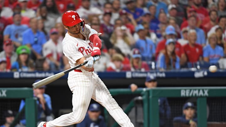 Philadelphia Phillies shortstop Trea Turner (7) hits a two run home run during the eighth inning against the Tampa Bay Rays at Citizens Bank Park on Sept 10. Philadelphia Phillies shortstop Trea Turner (7) hits a two run home run during the eighth inning against the Tampa Bay Rays at Citizens Bank Park on Sept 10.