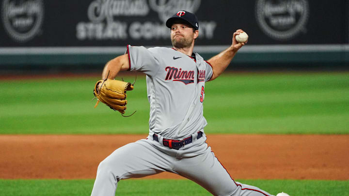 Aug 22, 2020; Kansas City, Missouri, USA; Minnesota Twins relief pitcher Danny Coloumbe (53) pitches against the Kansas City Royals during the eighth inning at Kauffman Stadium. Mandatory Credit: Jay Biggerstaff-Imagn Images