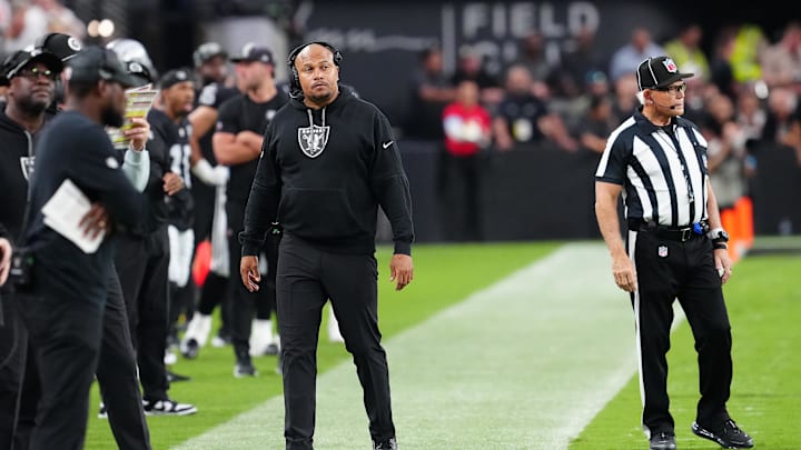 Sep 29, 2024; Paradise, Nevada, USA; Las Vegas Raiders head coach Antonio Pierce watches play against the Cleveland Browns during the second quarter at Allegiant Stadium. Mandatory Credit: Stephen R. Sylvanie-Imagn Images