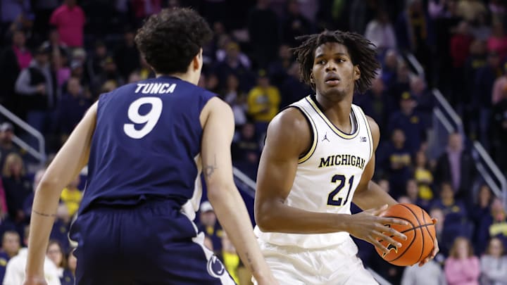 Feb 5, 2026; Ann Arbor, Michigan, USA;  Michigan Wolverines forward Morez Johnson Jr. (21) dribbles against Penn State Nittany Lions guard Melih Tunca (9) in the first half at Crisler Center. Mandatory Credit: Rick Osentoski-Imagn Images