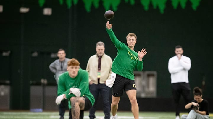 Oregon quarterback Bo Nix throws during Oregon Pro Day Tuesday, March 12, 2024 at the Moshofsky