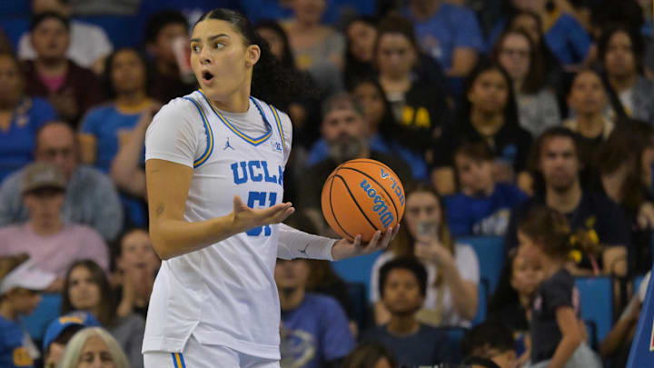 Feb 1, 2026; Los Angeles, California, USA;  UCLA Bruins center Lauren Betts (51) reacts after a foul call in the second half against the Iowa Hawkeyes at Pauley Pavilion presented by Wescom Financial. Mandatory Credit: Jayne Kamin-Oncea-Imagn Images